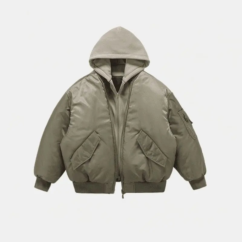 Mens Jacket Harajuku American Aviator Hooded Cotton Bomber Winter Thick Warm Fake Two Piece Streetwear Casual Fashion Coat New