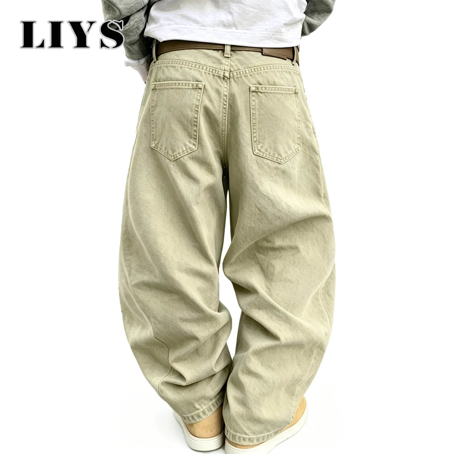 LIYS Men's American Retro Light Khaki Wide Leg Curved Jeans Loose Straight Tube Washed Work Pants High Street Fashion Versatile