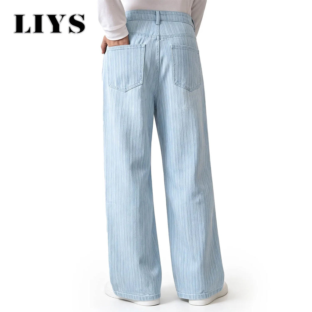 LIYS American Business Casual Light Blue Vertical Stripe Washed Wide Leg Jeans for Men High Street Retro Loose and Slim Straight