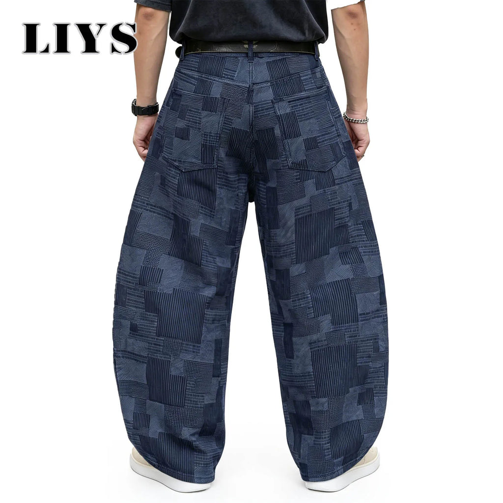 LIYS Men's Four Seasons American Fashion Geometric Block Printed Casual High Street Handsome Retro Look Thin Wide Leg Pants