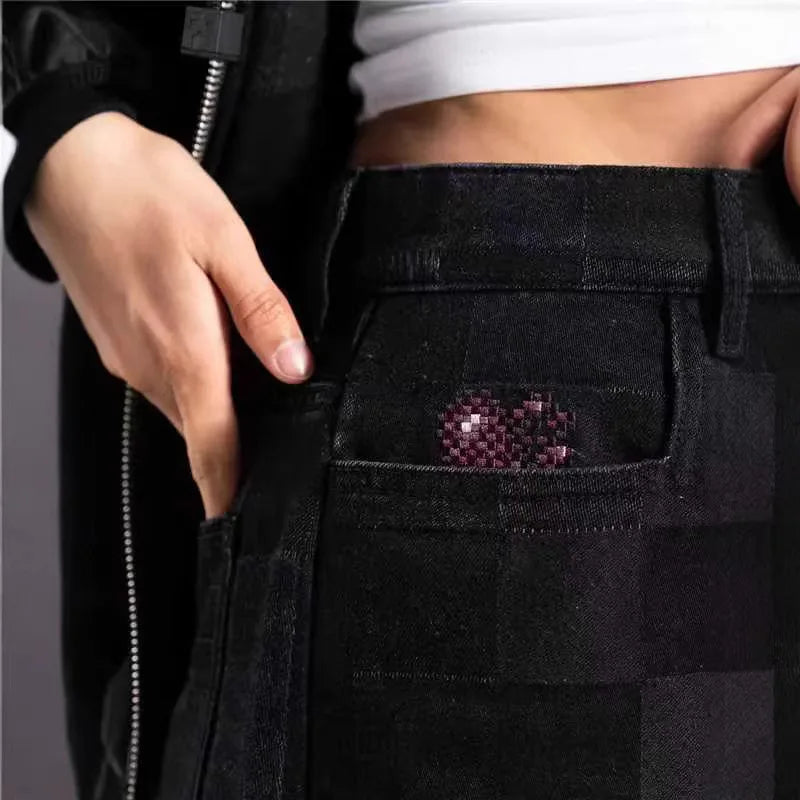 Mens Jeans Harajuku American High Street Streetwear Premium Wide Leg Denim Pants Straight Fit Spring Summer Plaid Casual Unisex