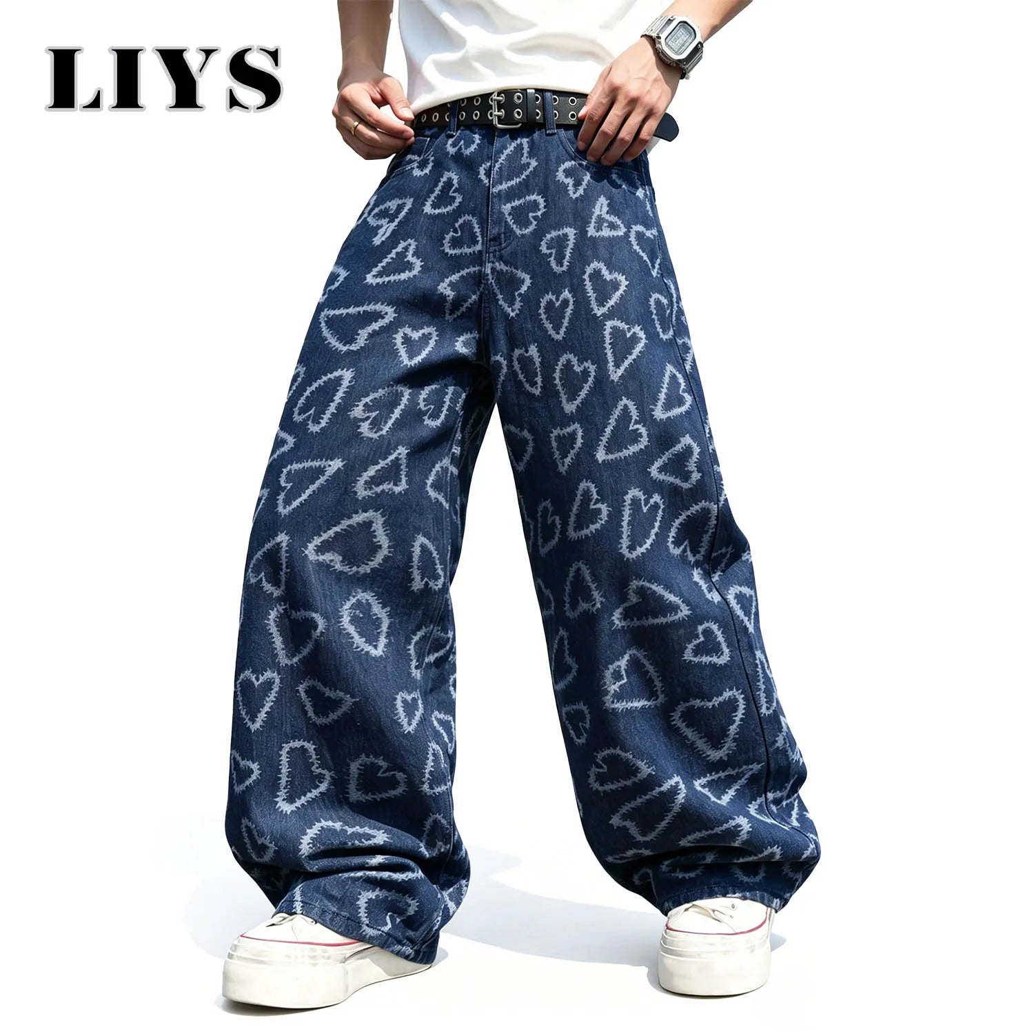 LIYS Men's American High Street Fashion Blue and White Contrast Love Printed Loose Straight Tube Handsome Y2K Wide Leg Jeans