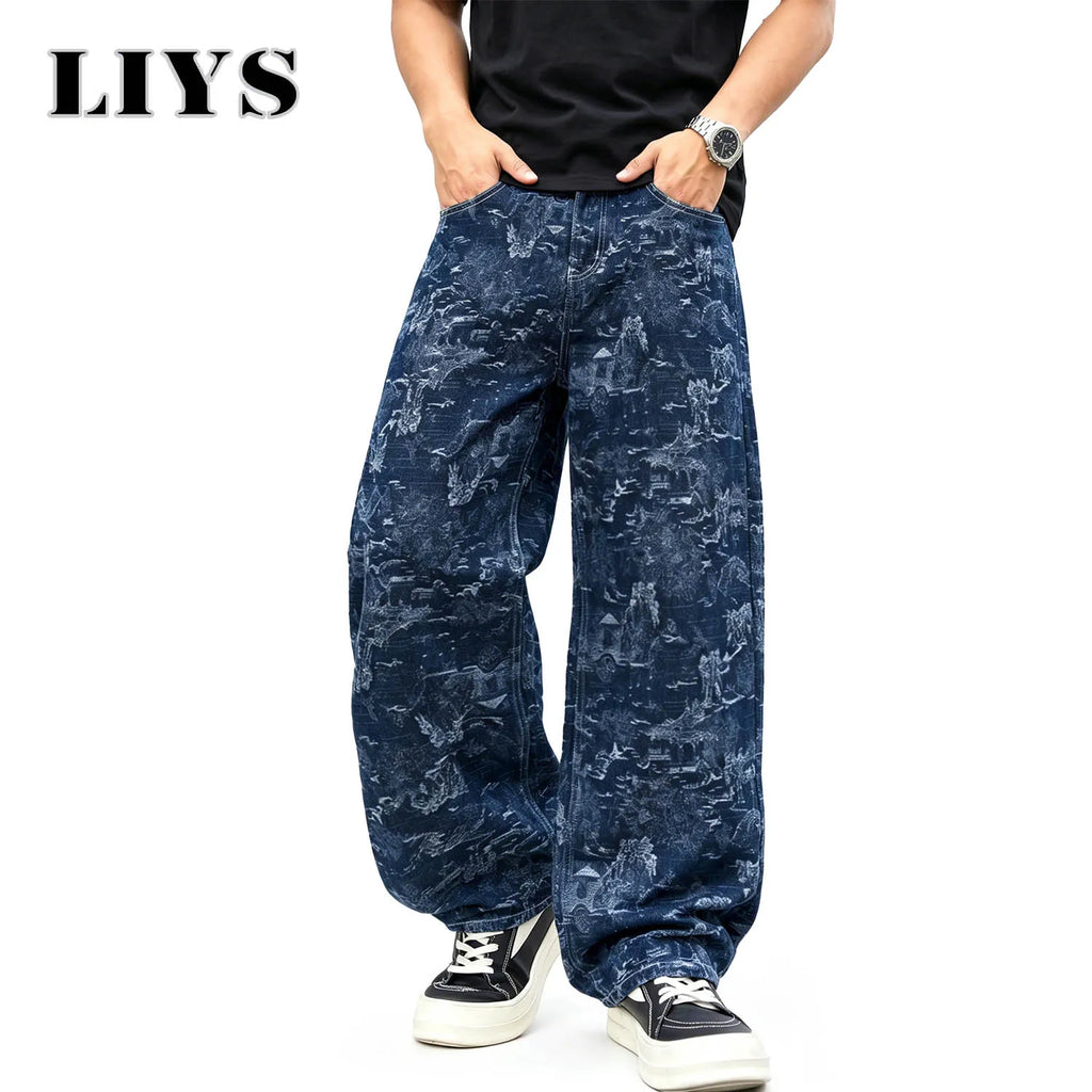 LIYS Four Seasons American Men's High Street Retro Dark Jacquard Wide Leg Jeans American Street Hip Hop Fashion Straight Tube