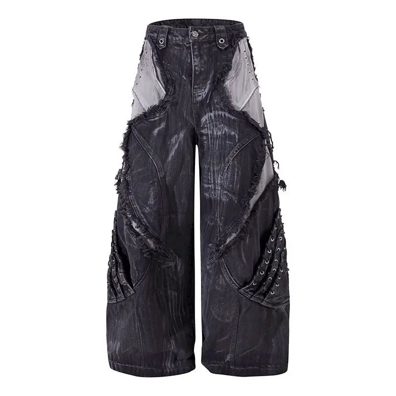 Mens Jeans Harajuku American Vibe Heavy Studded Denim Pants Plus Size Frayed Patchwork Wide Leg Floor Length Streetwear Fashion