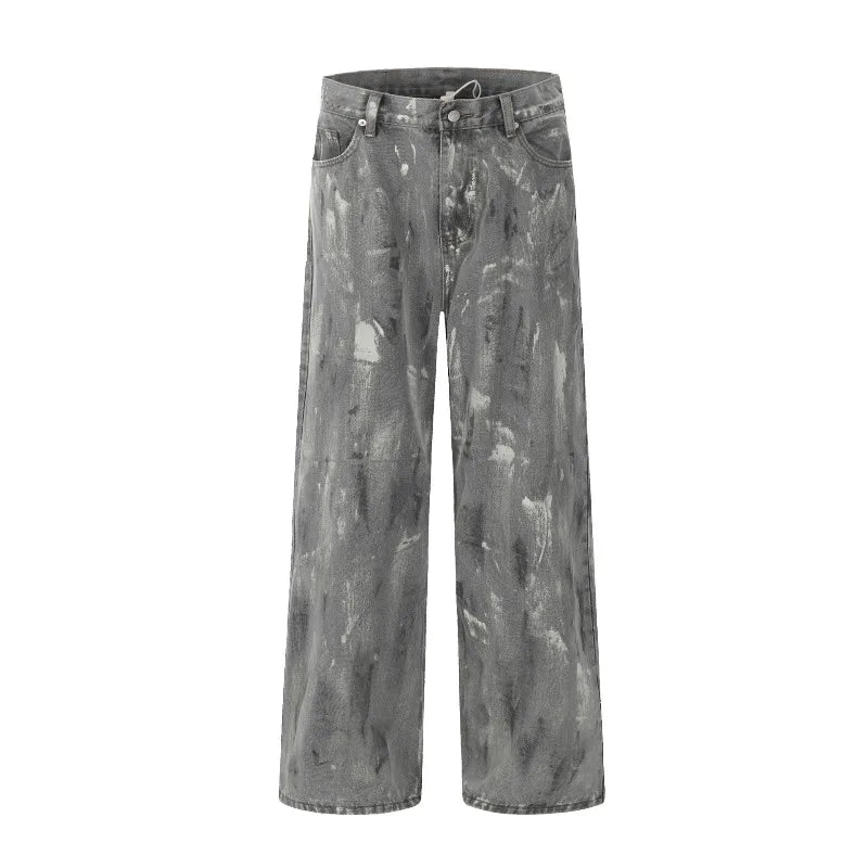 Mens Jeans Harajuku American Vintage Streetwear Snow Gray Washed Denim Pants Loose Fit Straight Wide Leg Casual Retro Trend New
