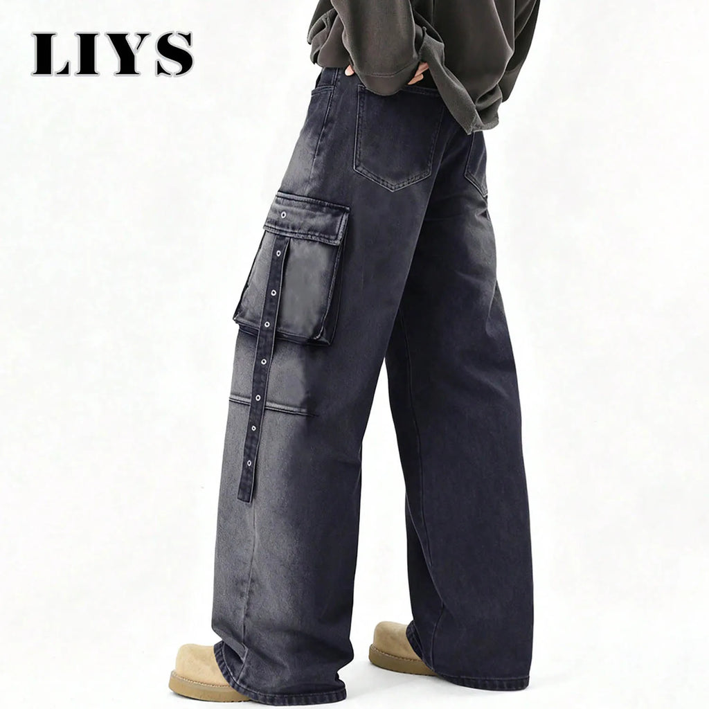 American Retro High Street Black Gray Baggy Wide Leg Men's Jeans Multiple Pockets Heavy-Duty Washed Workwear Denim Pants Unisex