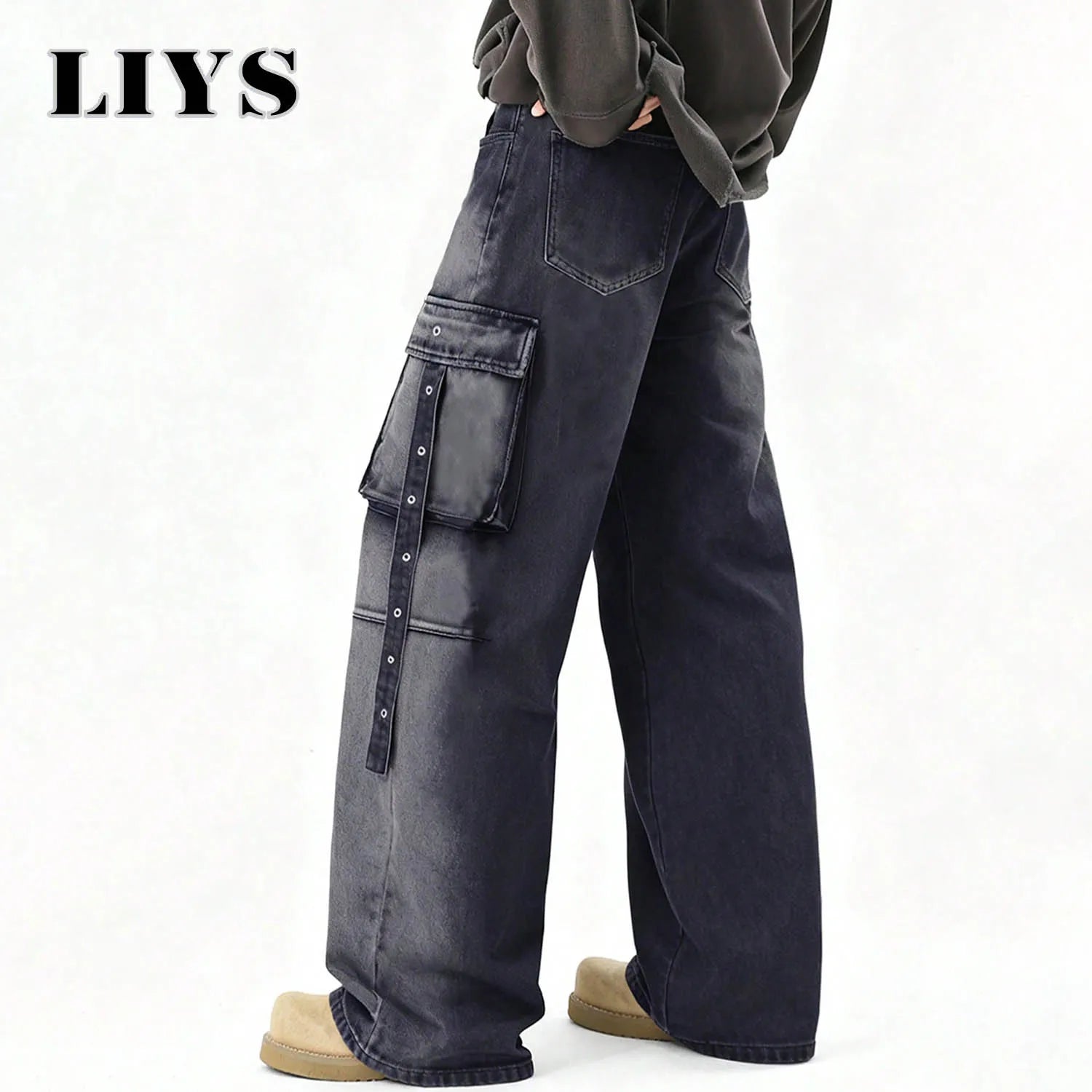 American Retro High Street Black Gray Baggy Wide Leg Men's Jeans Multiple Pockets Heavy-Duty Washed Workwear Denim Pants Unisex