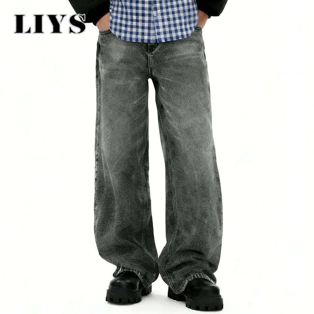 LIYS American Retro Men's Oversized Baggy Wide Leg Jeans Korean Casual Ultra Loose Straight Leg Denim Pants Unisex Drip Jeans