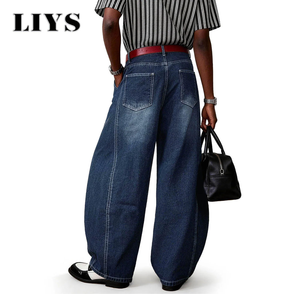 LIYS American Blue Splicing Ultra Baggy Wide Leg Jeans Spring Summer Retro Mid Split Rivet Denim Pants Lantern Balloon Pants ﻿