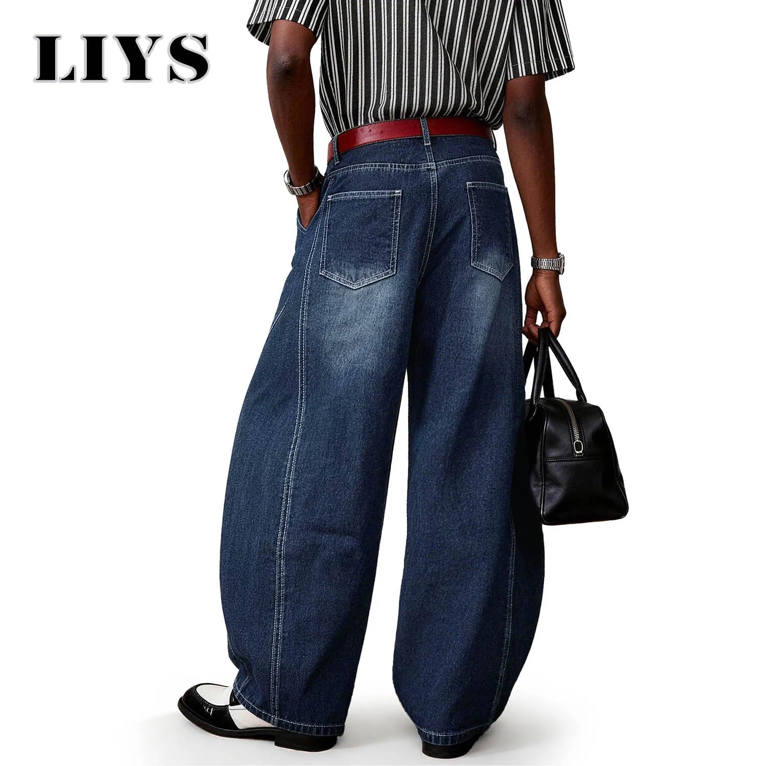 LIYS American Blue Splicing Ultra Baggy Wide Leg Jeans Spring Summer Retro Mid Split Rivet Denim Pants Lantern Balloon Pants ﻿