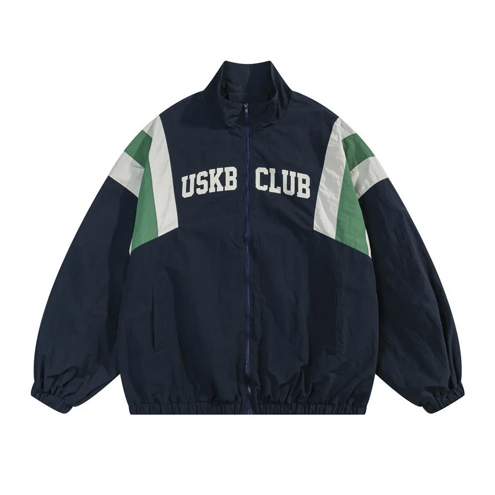 Harajuku Men's Windbreaker Jacket Loose Color Block Stand Collar Zipper Coat Waterproof Windproof Pilot Style American Street
