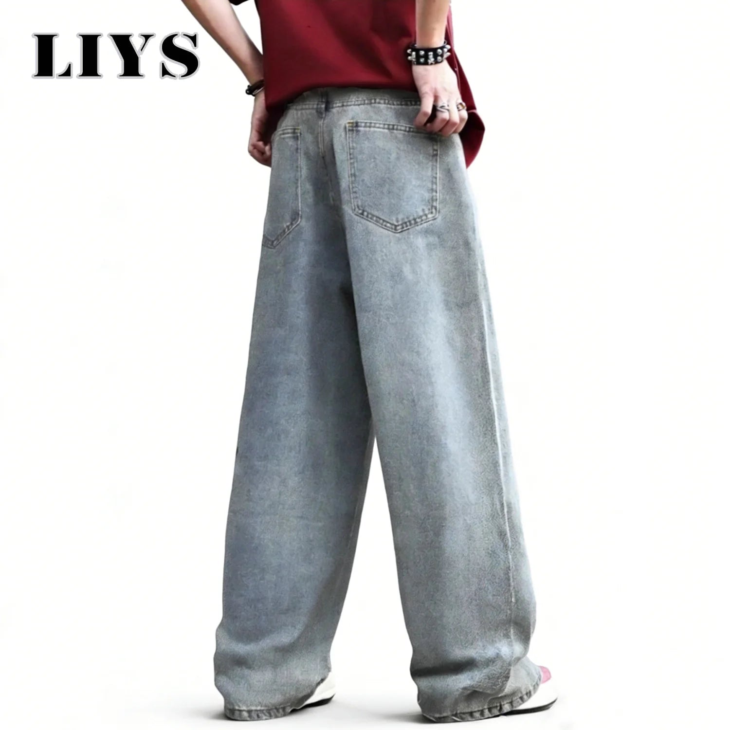 LIYS American Retro Men's Ultra Baggy Wide Leg Jeans High Street Oversized Loose Ripped Denim Pants Light Color Simple Jeans