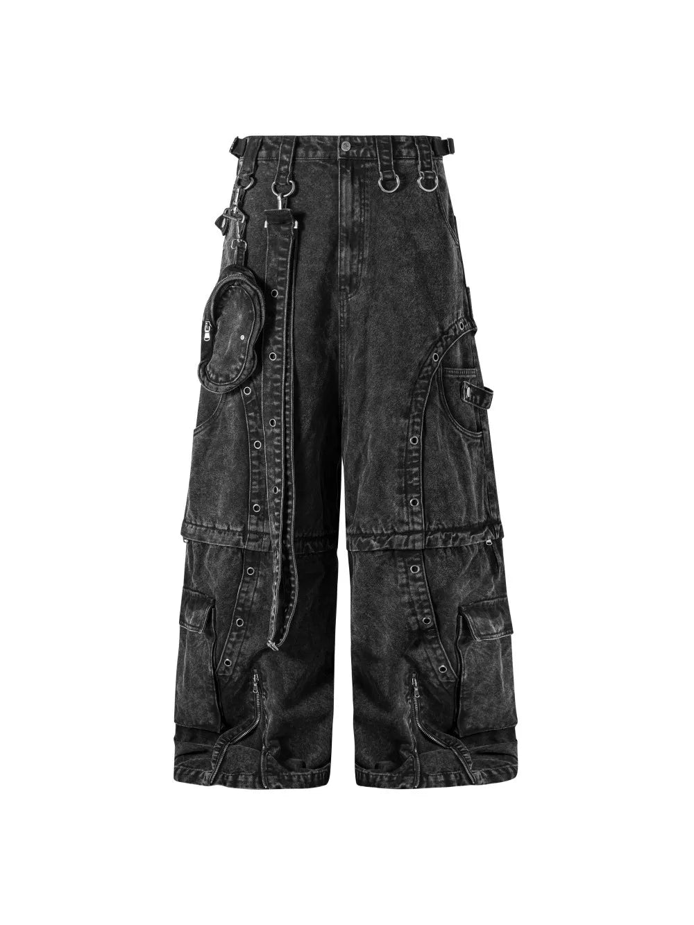 Mens Jeans Harajuku American High Street Streetwear Multi Pocket Detachable Denim Pants Distressed Metal Ring Wide Leg Cargo New