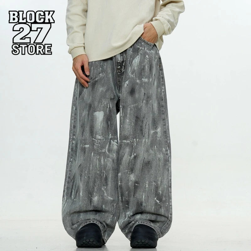 Mens Jeans Harajuku American Vintage Streetwear Snow Gray Washed Denim Pants Loose Fit Straight Wide Leg Casual Retro Trend New