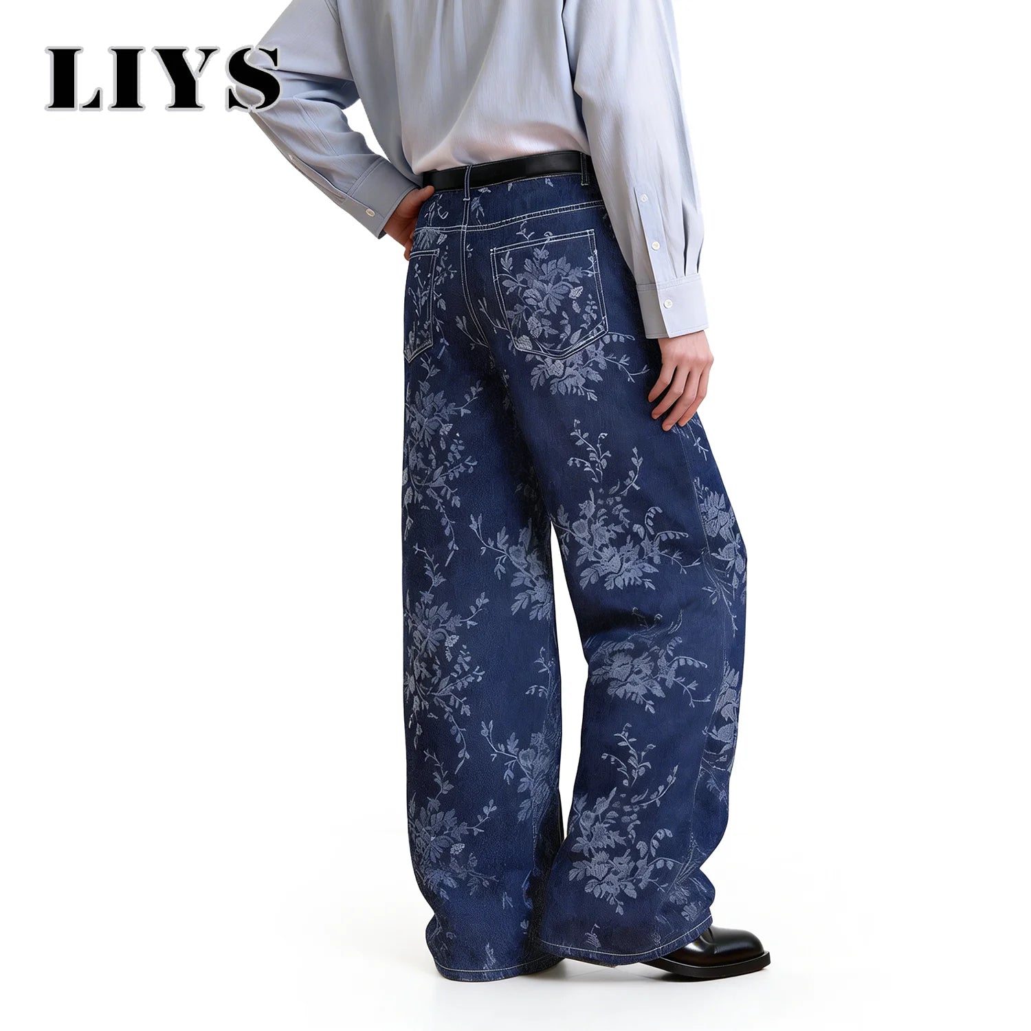 LIYS Japanese Korean Style Orchid Jacquard Fabric Baggy Wide-leg Jeans American Retro Jacquard Wide-leg Casual Denim Pants