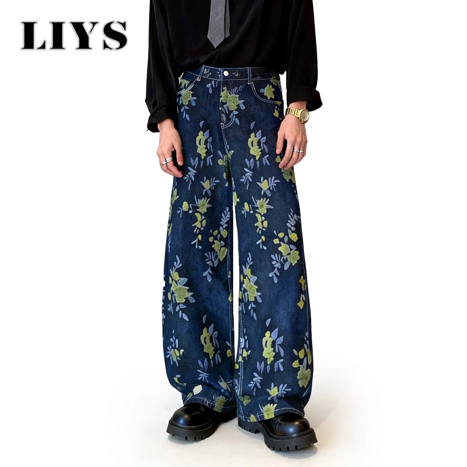 LIYS Japanese-Korean Style Floral Jacquard Fabric Baggy Wide-leg Jeans American Retro Floral Jacquard Fabric Wide-leg Denim Pant