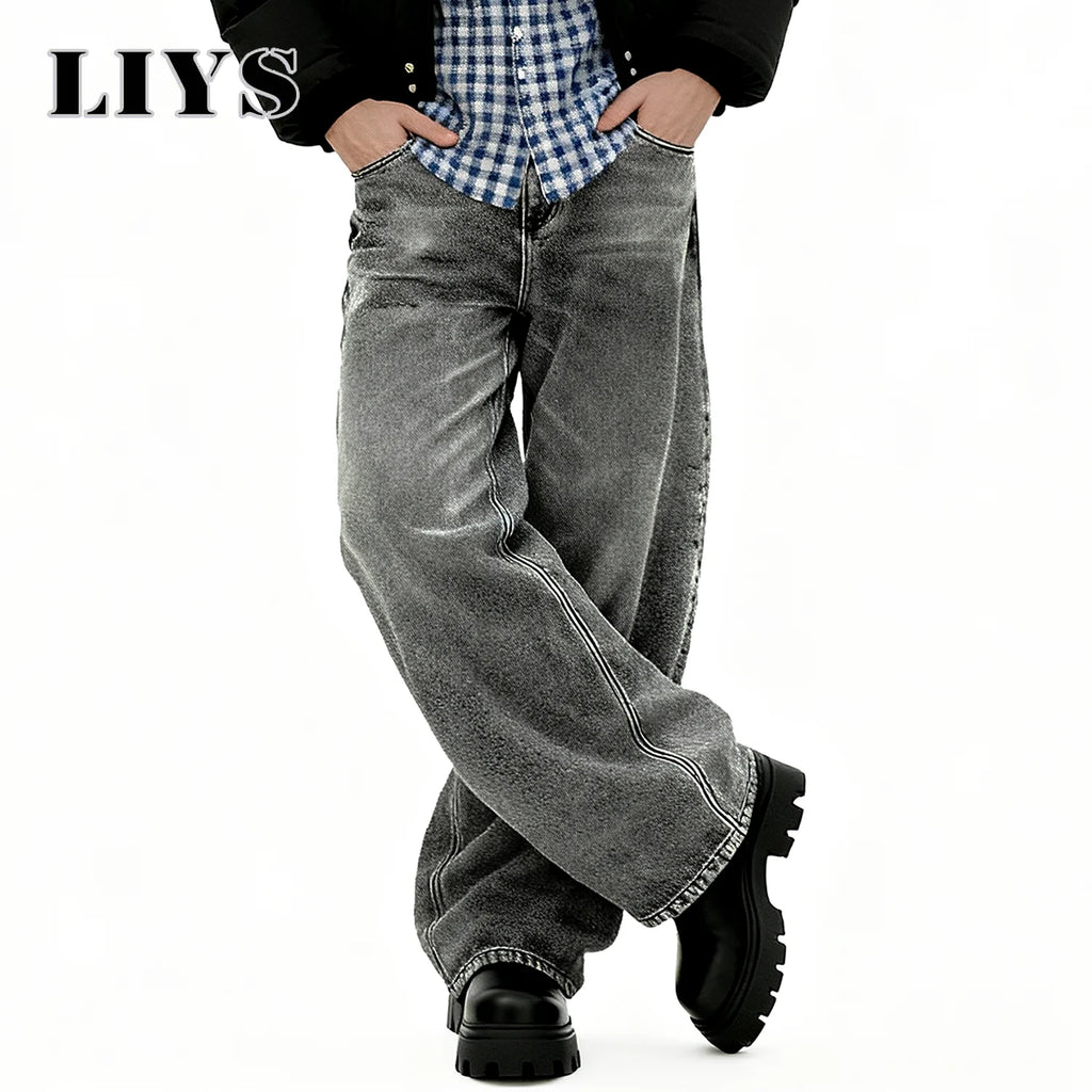LIYS American Retro Men's Oversized Baggy Wide Leg Jeans Korean Casual Ultra Loose Straight Leg Denim Pants Unisex Drip Jeans