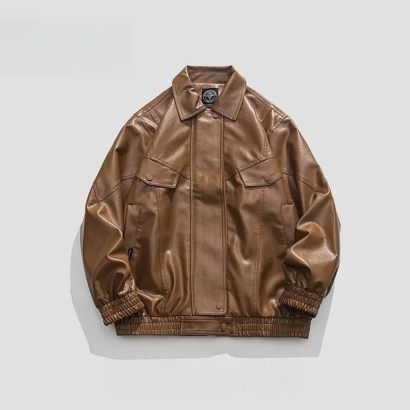 Mens Jacket Harajuku Spring Autumn Faux Leather Coat Lapel Solid Color Plus Size Loose Fit Hong Kong Style Streetwear Fashion