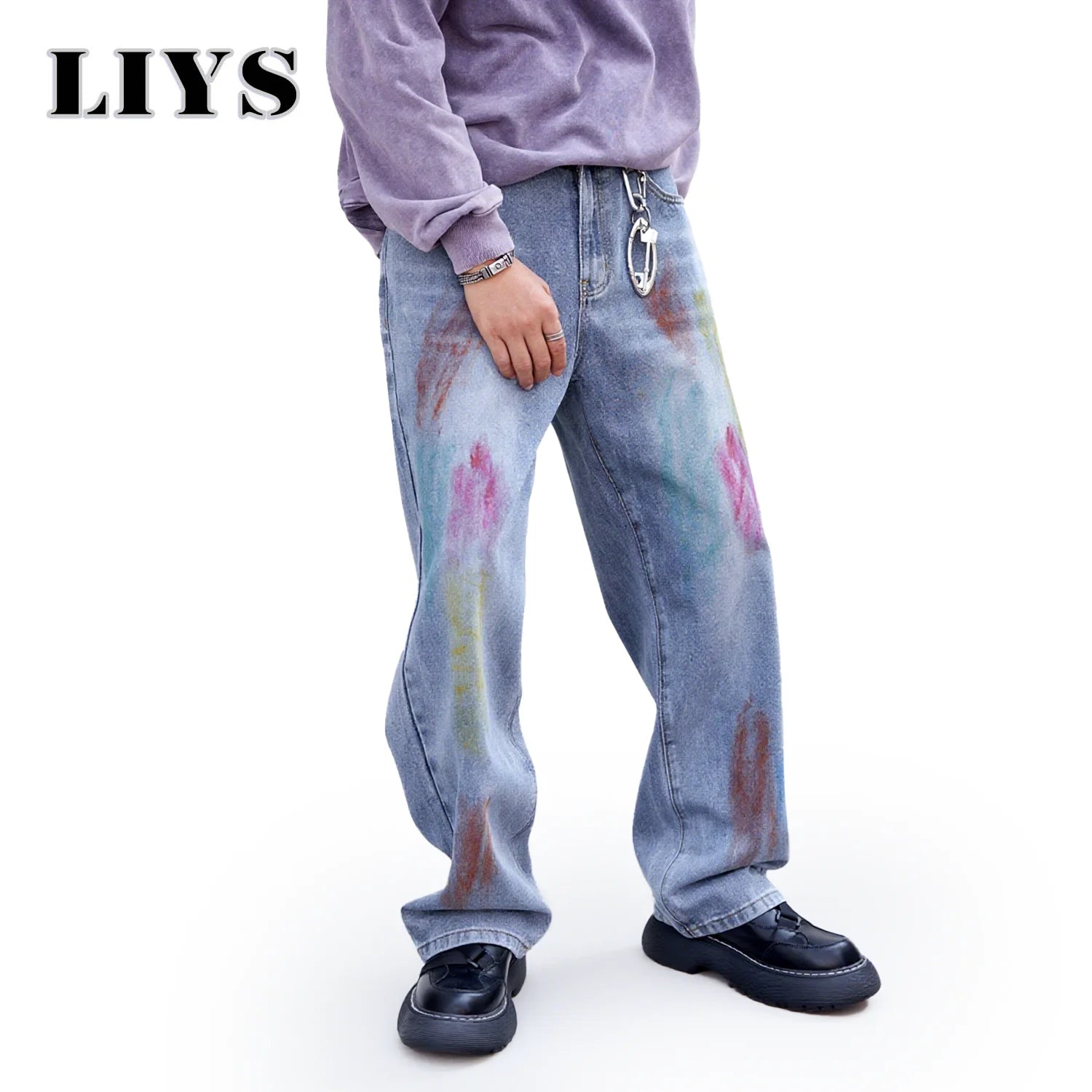 Men's Blue Baggy Inkjet Jeans Trendy Color Personalized Graffiti Loose Water Washed Wide Leg Straight Tube Casual Men's Jeans