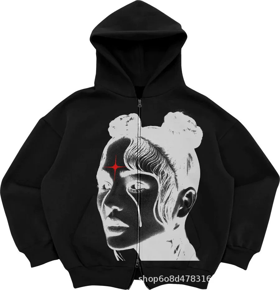 Y2K Zip Up Hoodie Men Streetwear Loose Fit Hooded Sweatshirt Pocket Design Street Style Casual Sport Retro Fashion Autumn Winter