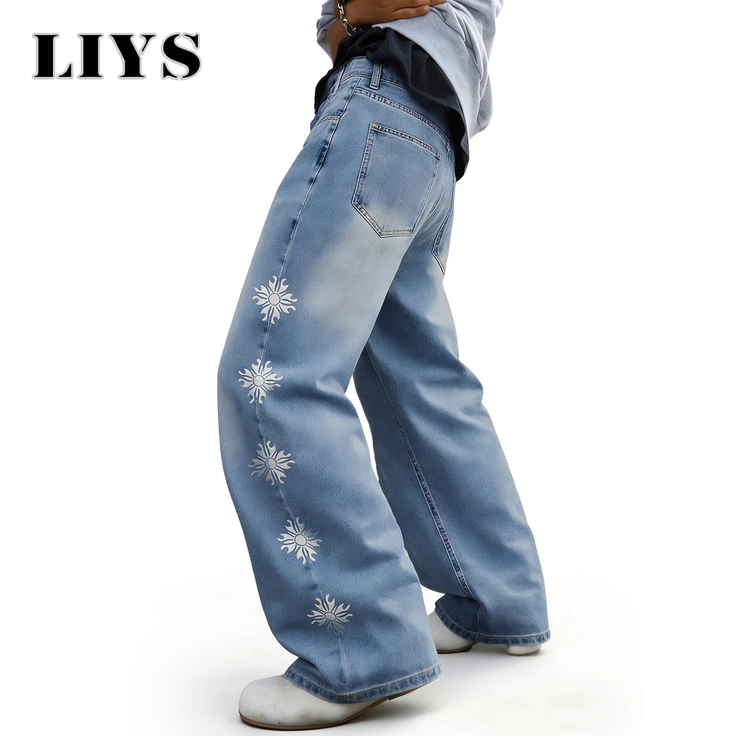 LIYS American Streetwear Floral Pattern Printed Baggy Wide-Leg Men's Jeans Simple Washed Light Blue Casual Denim Pants Unisex