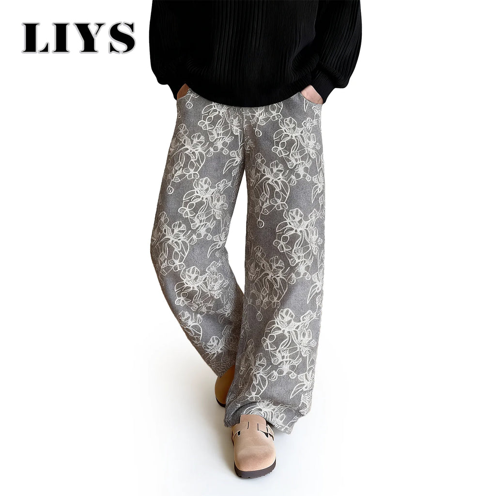 LIYS New Japanese Korean Style Floral Jacquard Fabric Baggy Straight-Leg Jeans American Retro Daily Casual Denim Pants Unisex
