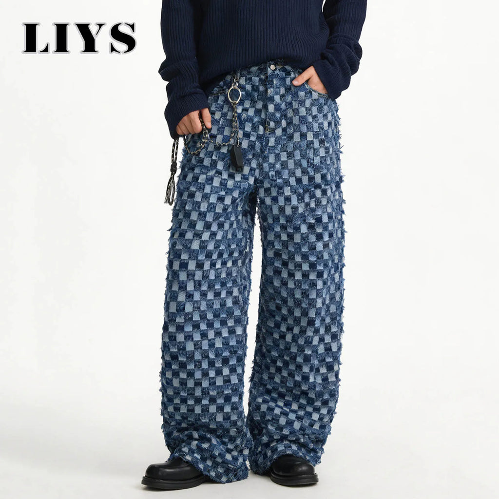LIYS Japanese Korean Style Checkerboard Jacquard Baggy Wide-leg Jeans Trend Jacquard Casual straight leg Denim Pants Unisex