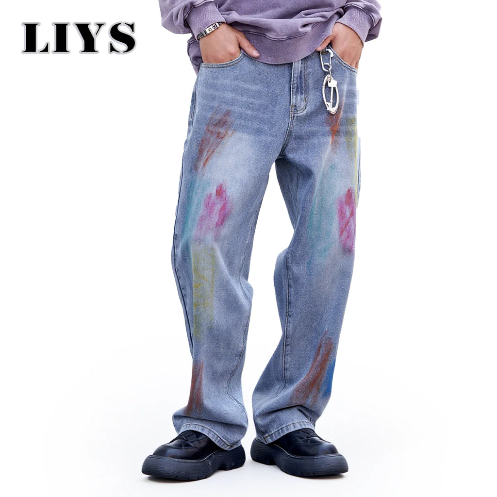 Men's Blue Baggy Inkjet Jeans Trendy Color Personalized Graffiti Loose Water Washed Wide Leg Straight Tube Casual Men's Jeans