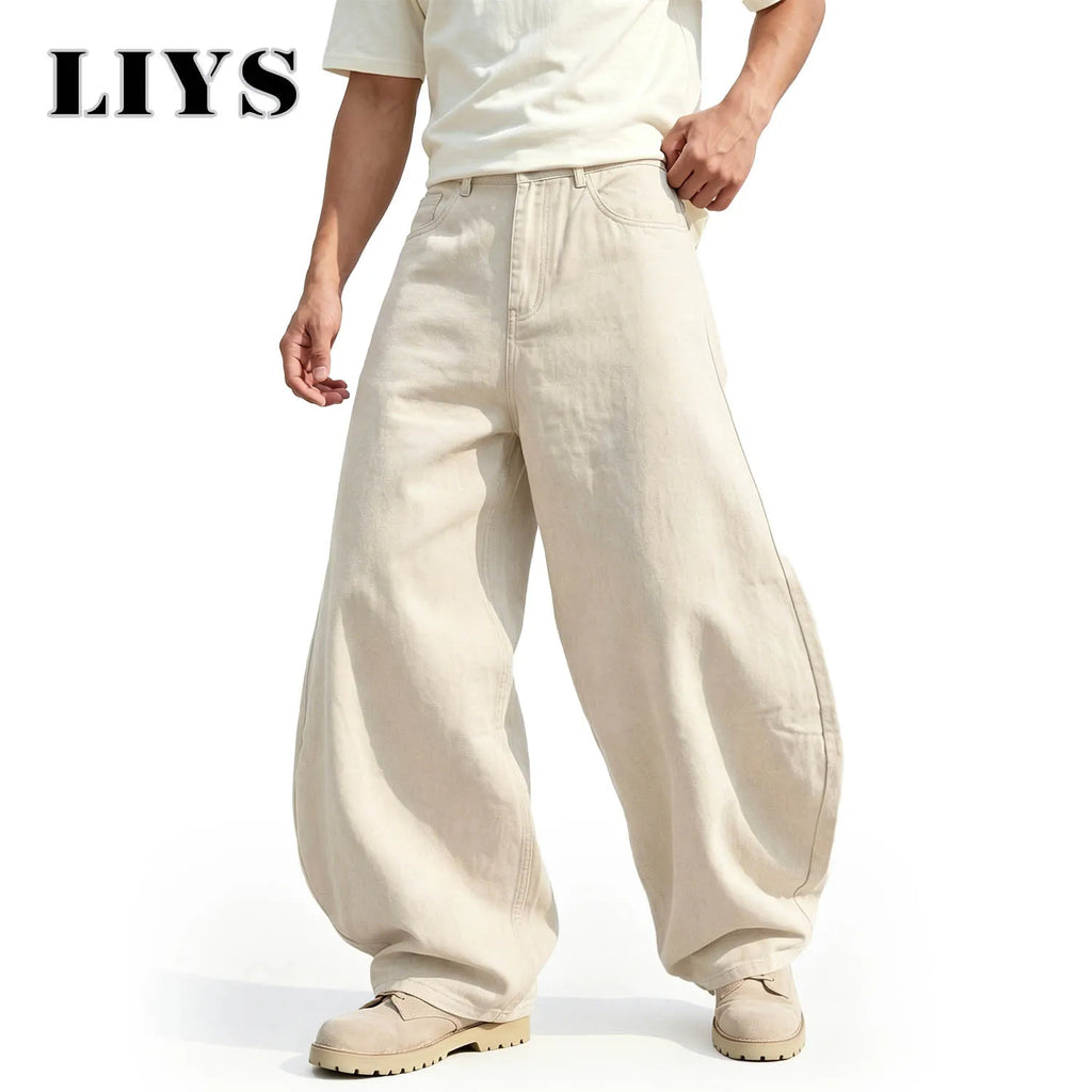 LIYS Men's American Beige Loose Wide Leg Jeans High Waisted Streetwear Hip-Hop Fashion Loose Denim Pants Y2K Retro Casual Pants