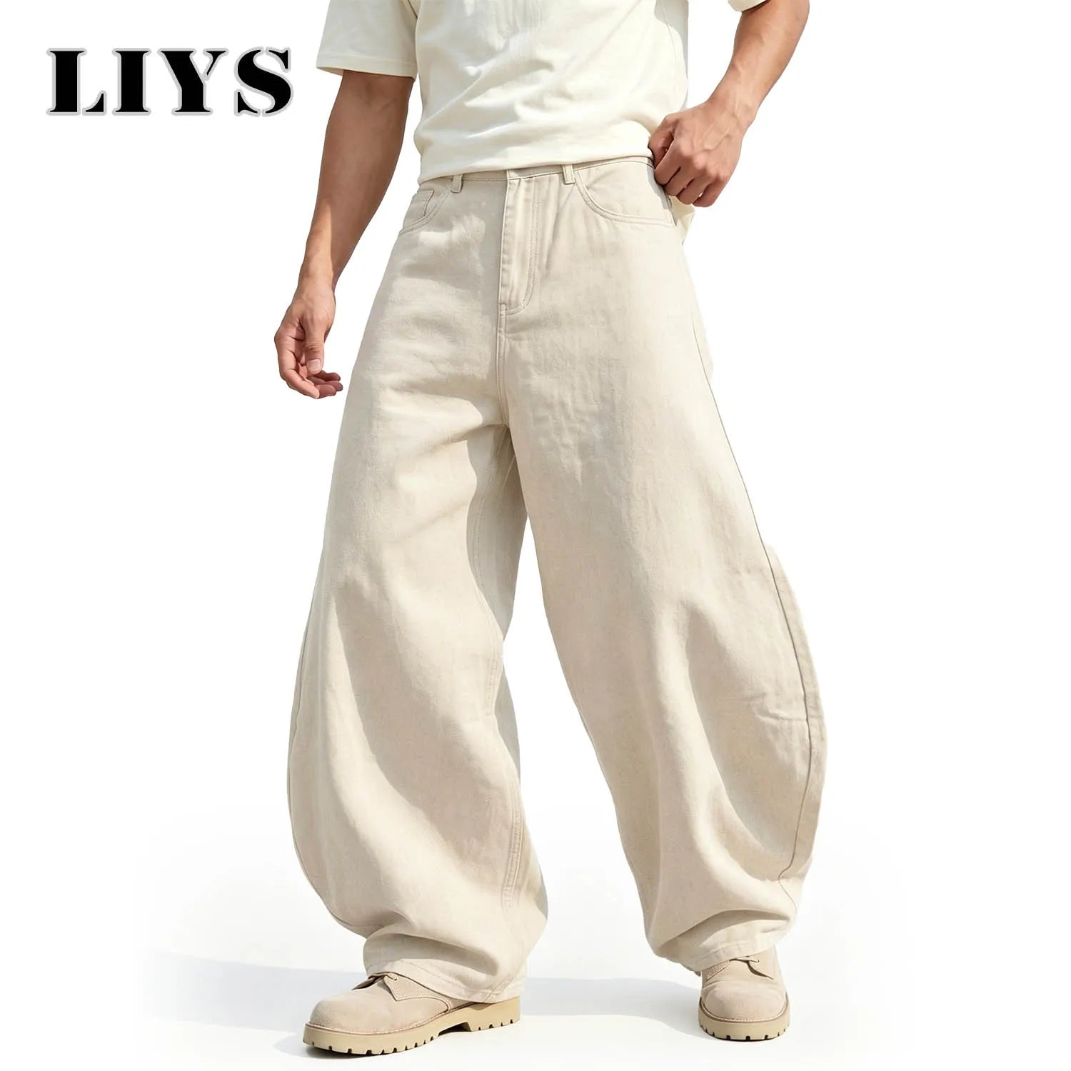 LIYS Men's American Beige Loose Wide Leg Jeans High Waisted Streetwear Hip-Hop Fashion Loose Denim Pants Y2K Retro Casual Pants