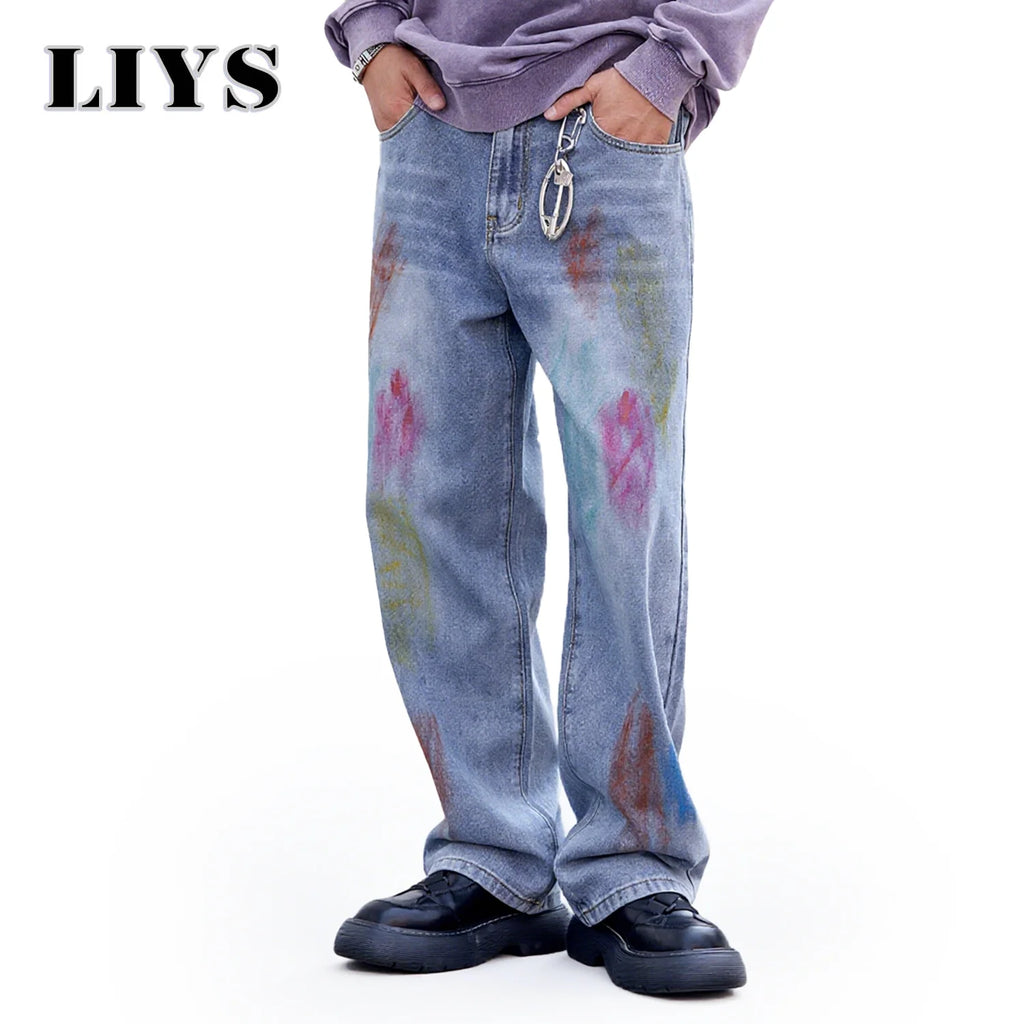 Men's Blue Baggy Inkjet Jeans Trendy Color Personalized Graffiti Loose Water Washed Wide Leg Straight Tube Casual Men's Jeans