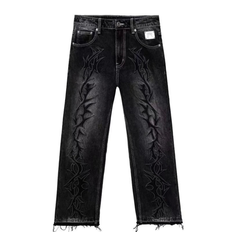 Mens Jeans Harajuku Vintage Streetwear Thorn Embroidery Denim Pants Straight Leg Loose Fit Casual Wide Trousers Retro Trend New