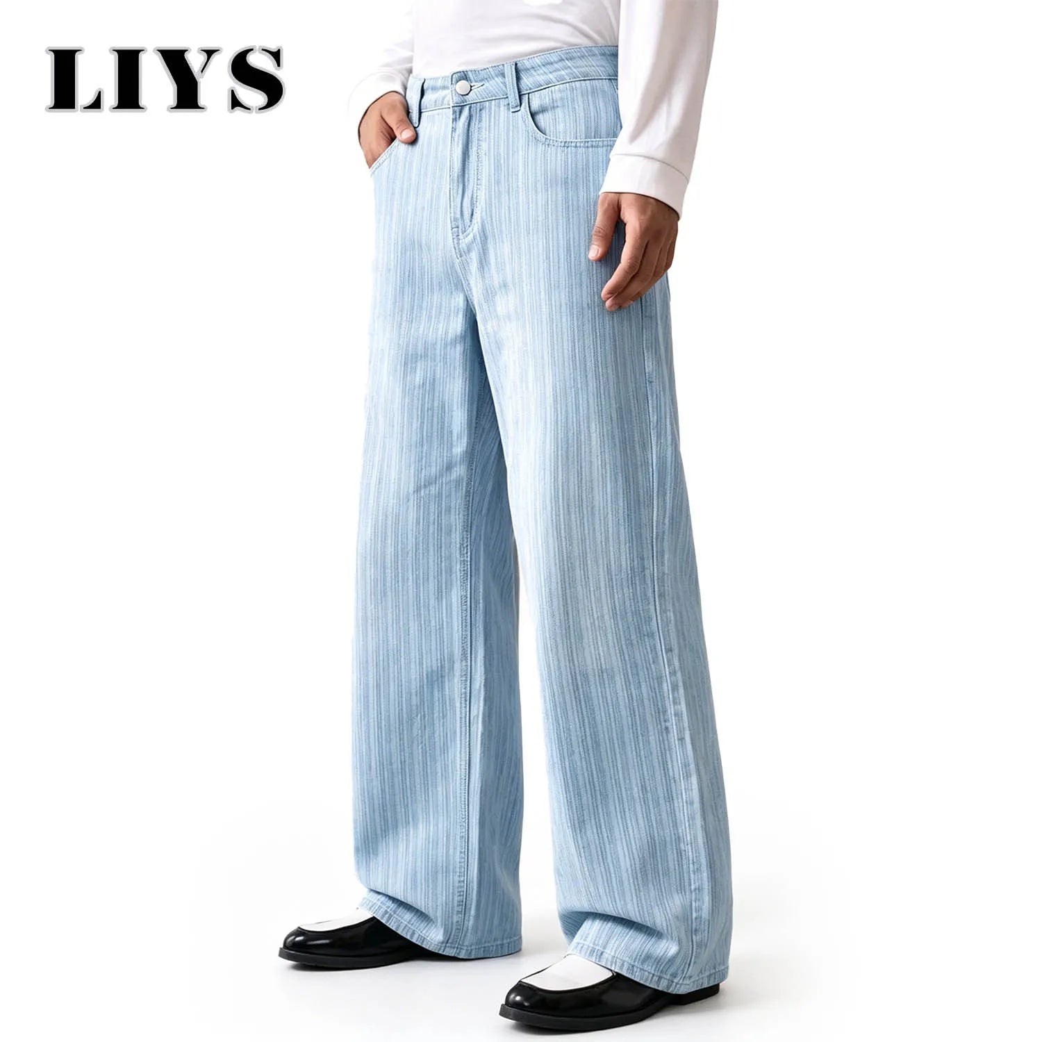 LIYS American Business Casual Light Blue Vertical Stripe Washed Wide Leg Jeans for Men High Street Retro Loose and Slim Straight