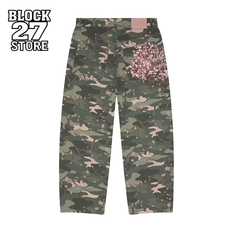 Mens Jeans Y2K Sakura Embroidery Camo Denim Pants Harajuku Unisex Loose Fit Straight Leg Wide Streetwear Fashion Trend Arrival