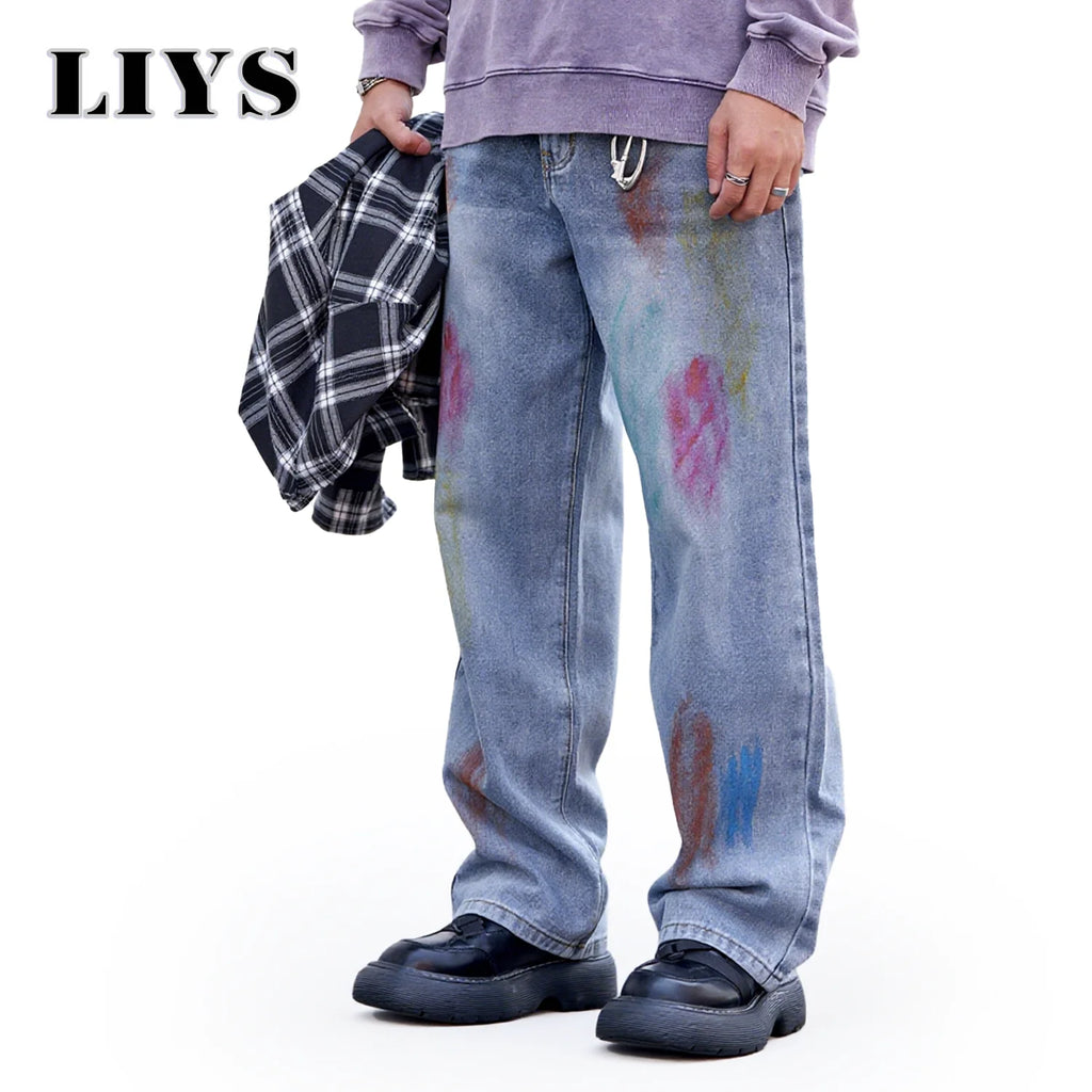 Men's Blue Baggy Inkjet Jeans Trendy Color Personalized Graffiti Loose Water Washed Wide Leg Straight Tube Casual Men's Jeans