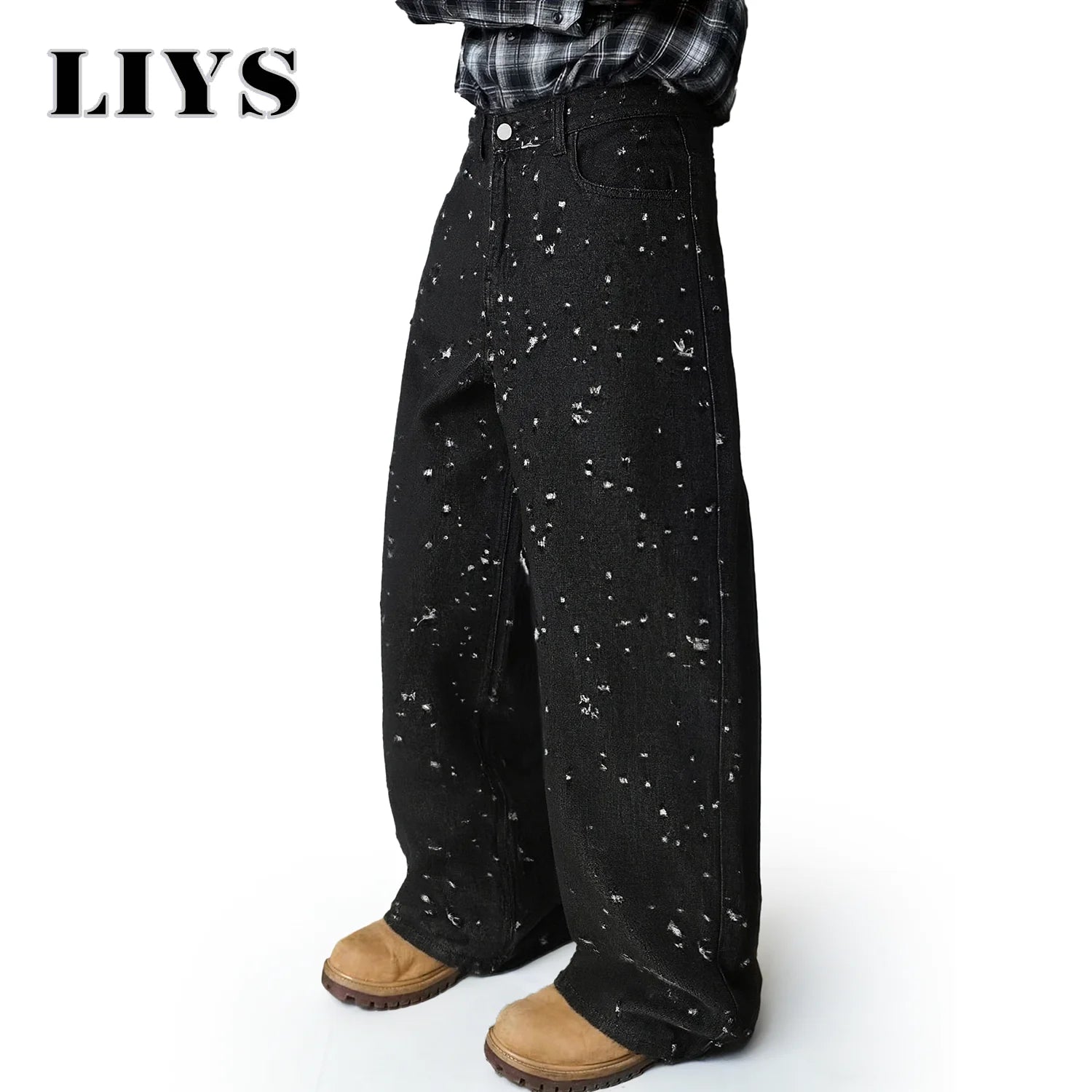 LIYS Japanese-Korean Style Baggy Jacquard Wide-leg Jeans American Retro Distressed Crochet Fabric Wide-leg Denim Pants Unisex