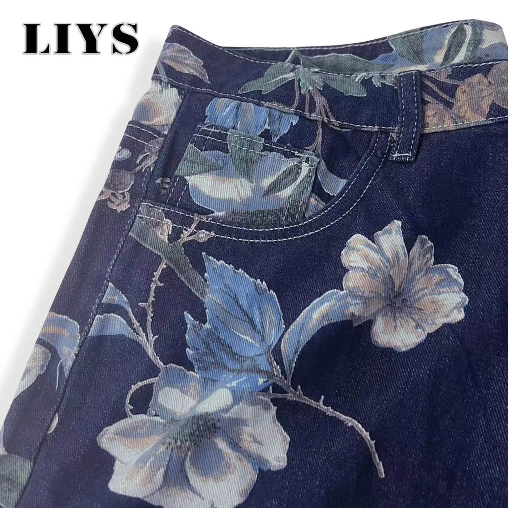 LIYS Japanese Korean Floral Print Jacquard Baggy Wide-leg Jeans Shorts American Street Fashion Shorts Elegant College Style ﻿