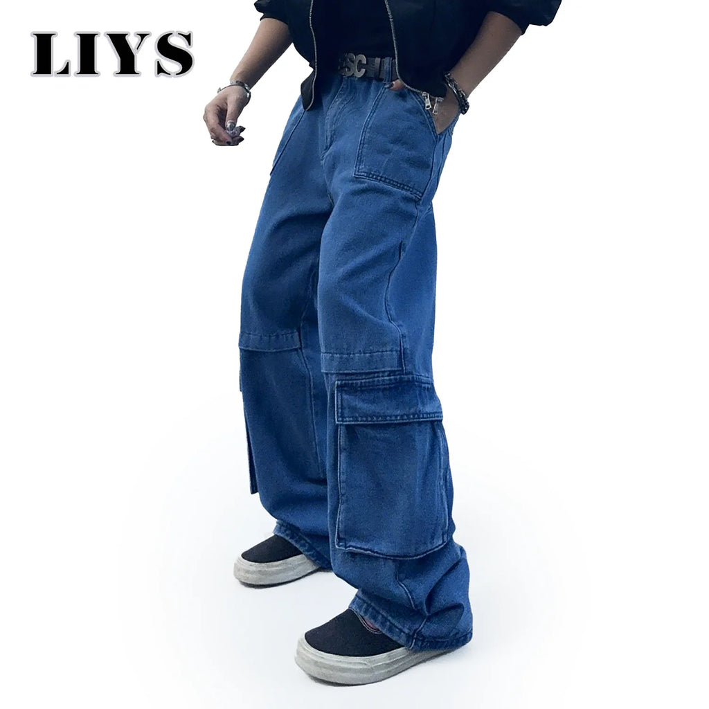 LIYS Men's Cargo Multi Pocket Workwear Jeans Solid Color Baggy Straight Leg Denim Pants Baggy Jeans Man Work Clothes Goth Pants