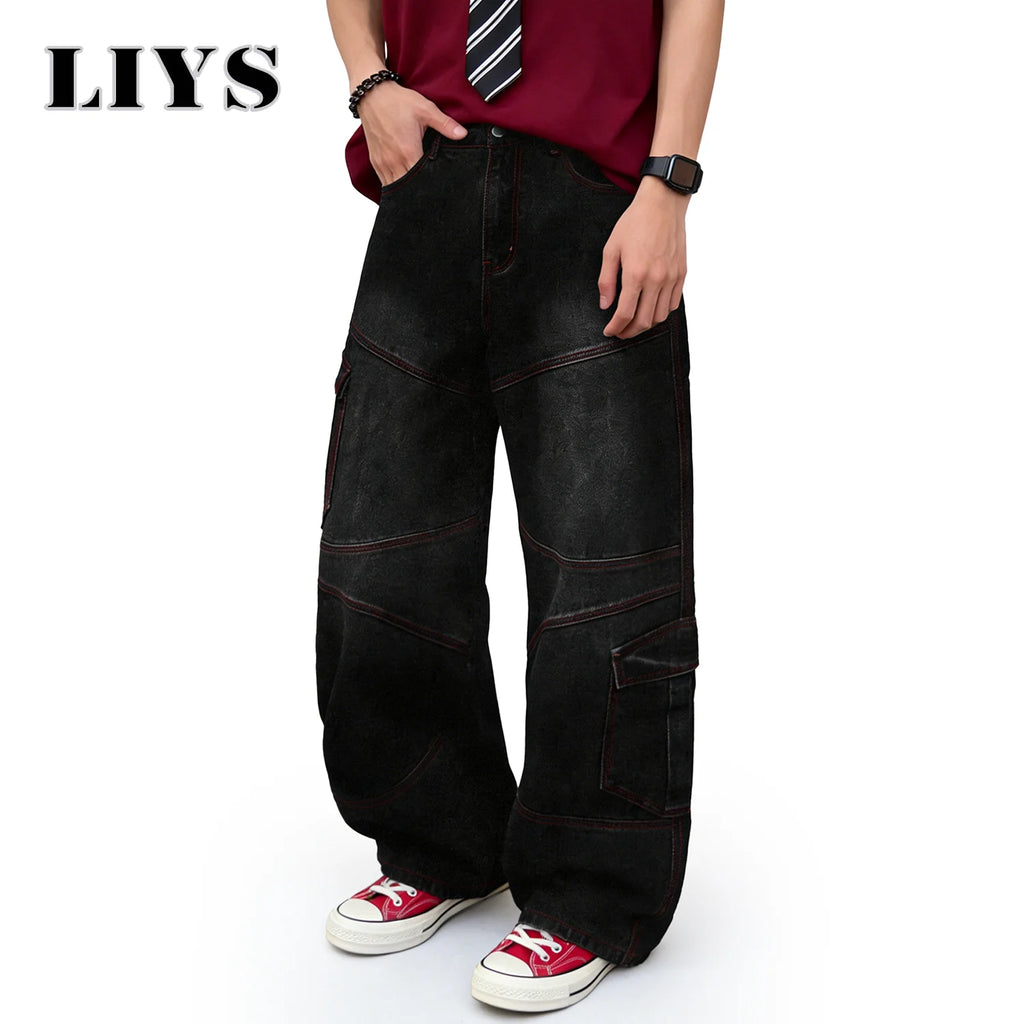 LIYS American Retro Four Seasons Black Baggy Wide Leg Men's Cargo Jeans Street Youth Splicing Multi Pocket Denim Pants Unisex