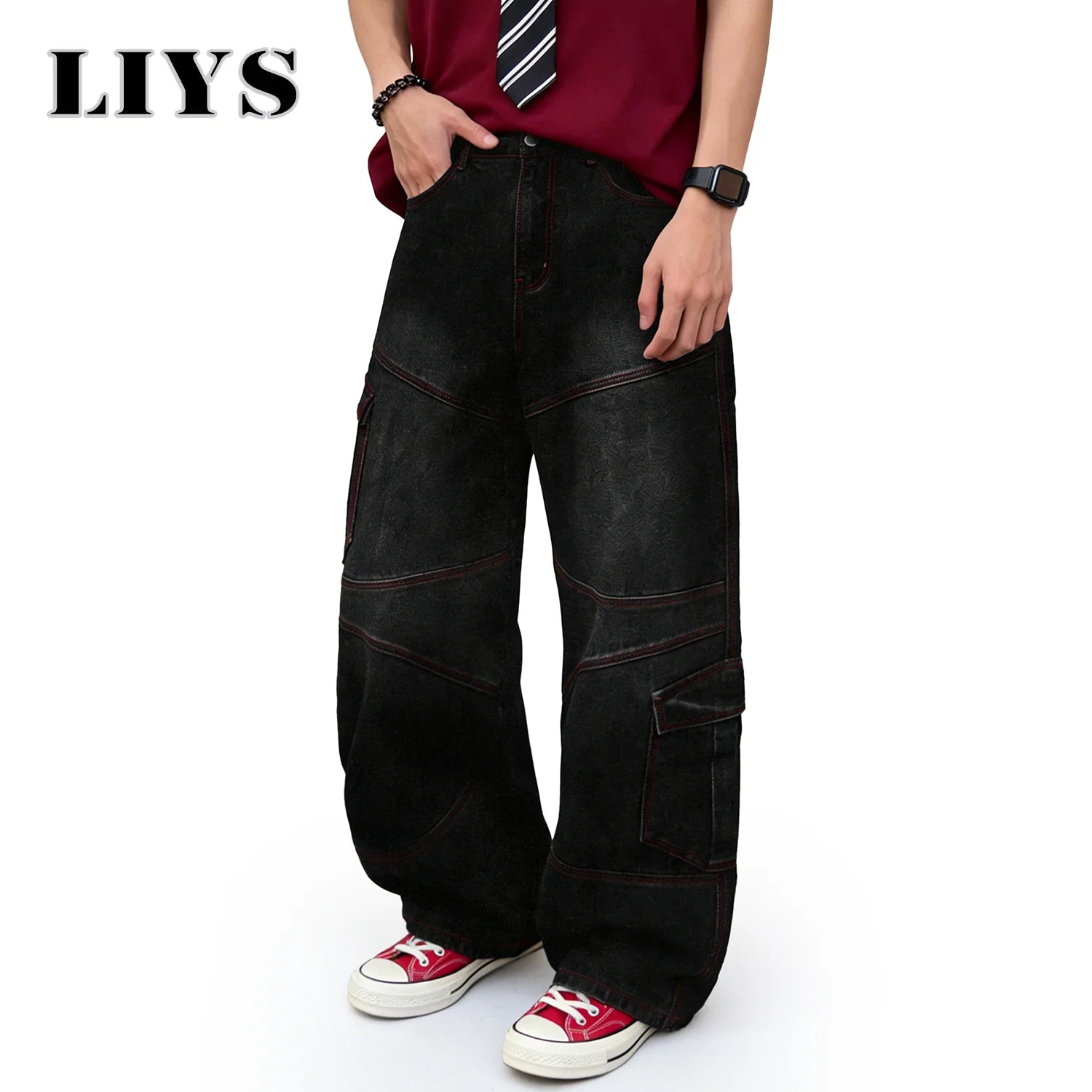 LIYS American Retro Four Seasons Black Baggy Wide Leg Men's Cargo Jeans Street Youth Splicing Multi Pocket Denim Pants Unisex