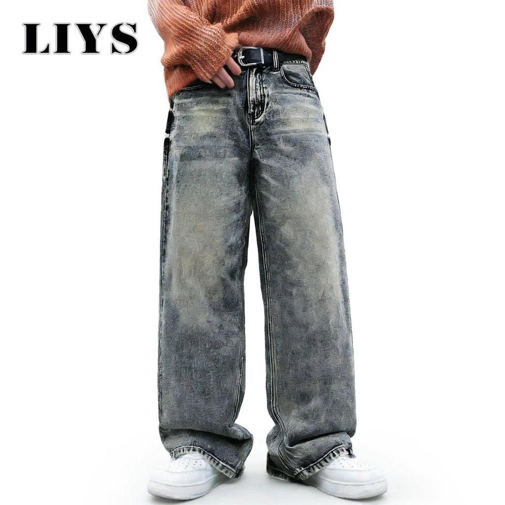 LIYS American Retro Stir Fried Snowflake Washed Ultra Baggy Wide Leg Jeans Men Women Street Denim Pants Unisex Mopping Pants