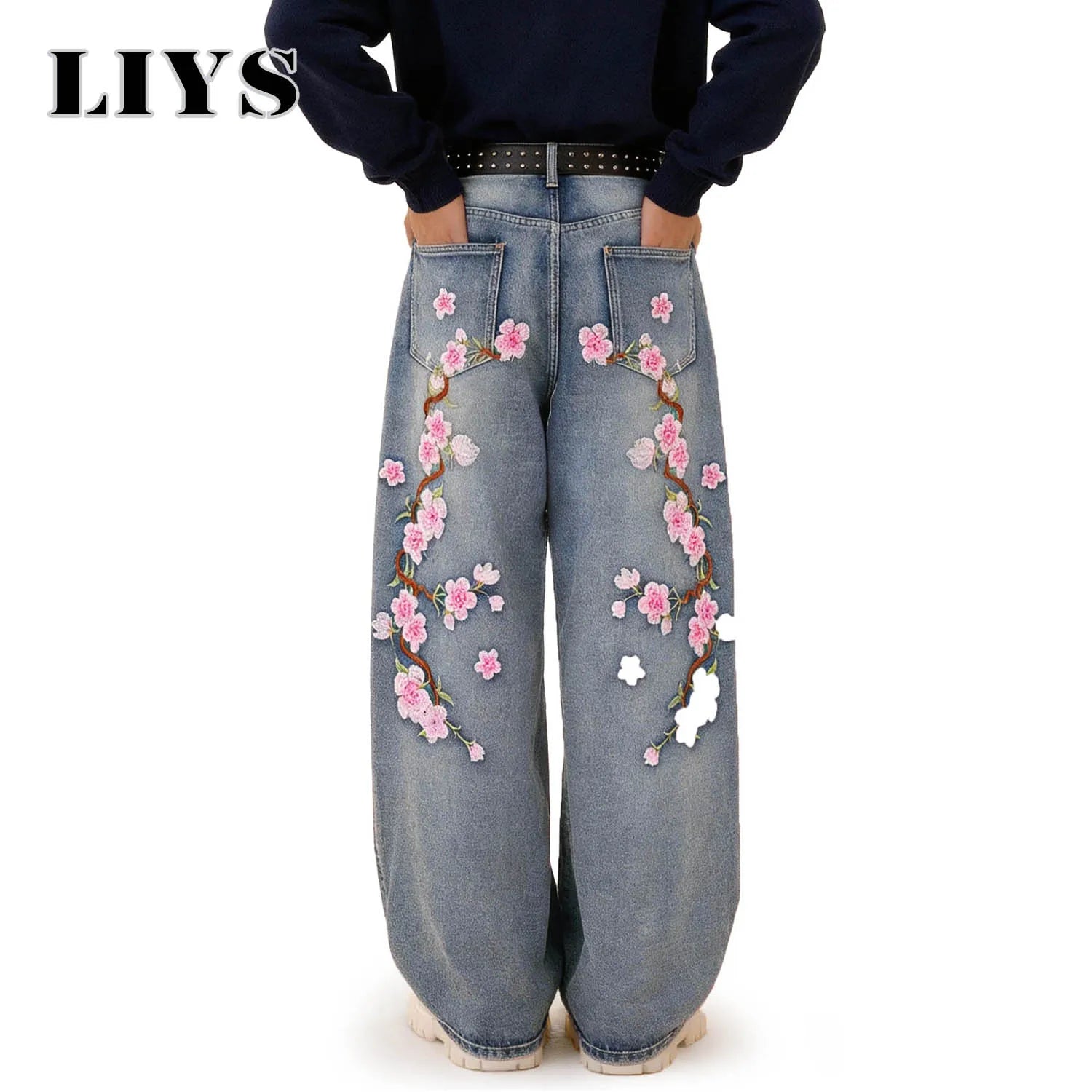 LIYS American Street Embroidered Baggy Wide-leg Jeans Unisex Trendy Korean Style Cherry Blossom Embroidery Distressed Denim Pant