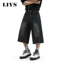 LIYS American Retro Classic Black Ultra Baggy Wide Leg Men's Denim Shorts Spring Summer Casual Oversized Jeans Men's Clothes