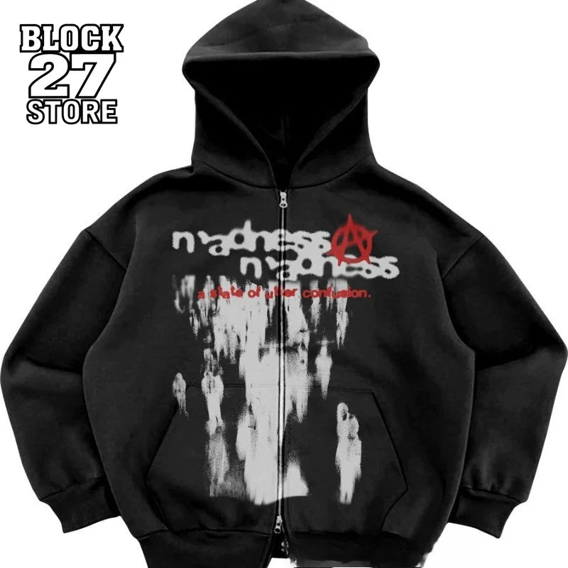 Y2K Zip Up Hoodie Men Streetwear Loose Fit Hooded Sweatshirt Pocket Design Street Style Casual Sport Retro Fashion Autumn Winter