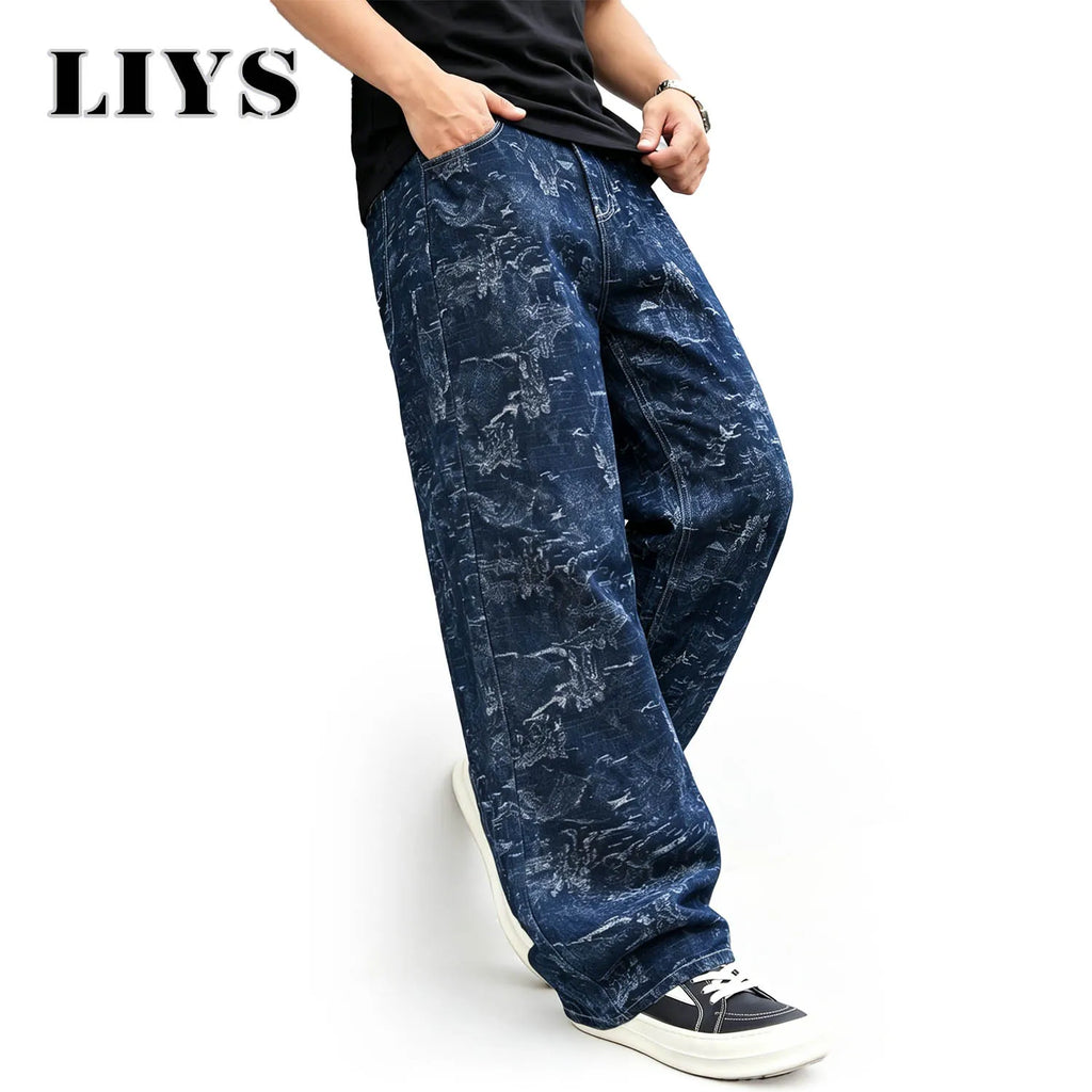 LIYS Four Seasons American Men's High Street Retro Dark Jacquard Wide Leg Jeans American Street Hip Hop Fashion Straight Tube