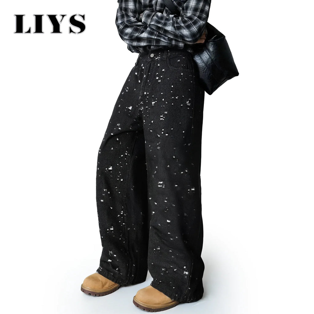 LIYS Japanese-Korean Style Baggy Jacquard Wide-leg Jeans American Retro Distressed Crochet Fabric Wide-leg Denim Pants Unisex
