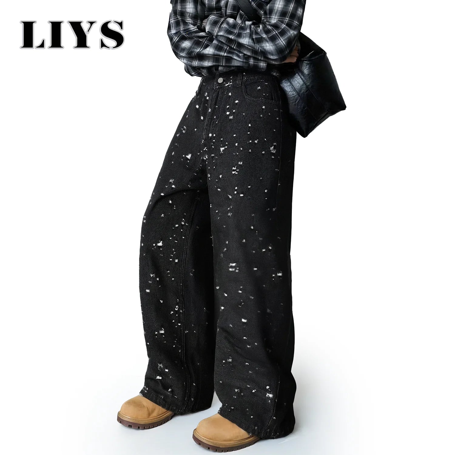LIYS Japanese-Korean Style Baggy Jacquard Wide-leg Jeans American Retro Distressed Crochet Fabric Wide-leg Denim Pants Unisex