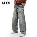 LIYS American Retro Stir Fried Snowflake Washed Ultra Baggy Wide Leg Jeans Men Women Street Denim Pants Unisex Mopping Pants
