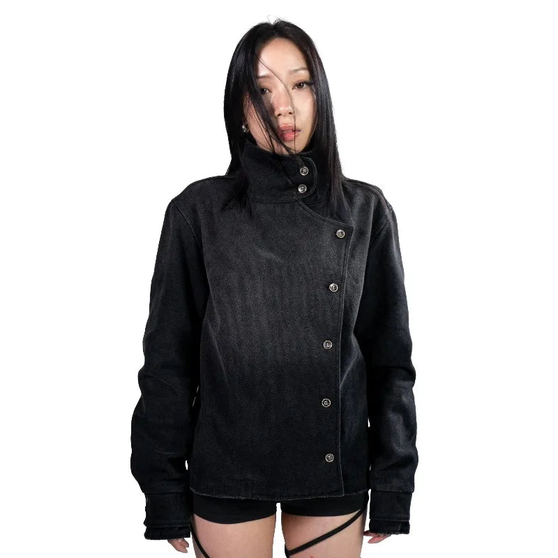 Y2k Fencing Jacket Vintage Wash Gradient Irregular Buttons Unisex Jacket Gothic Harajuku Streetwear Canvas Cotton Casual Jacket
