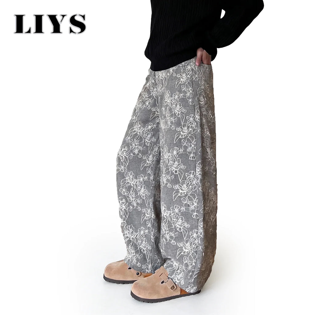 LIYS New Japanese Korean Style Floral Jacquard Fabric Baggy Straight-Leg Jeans American Retro Daily Casual Denim Pants Unisex